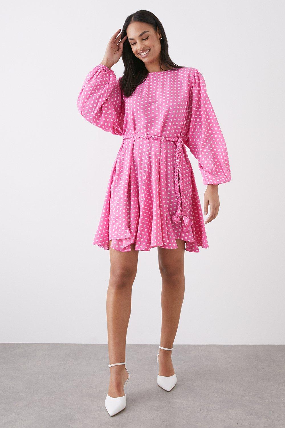 Womens Pink Spot Long Sleeve Mini Dress