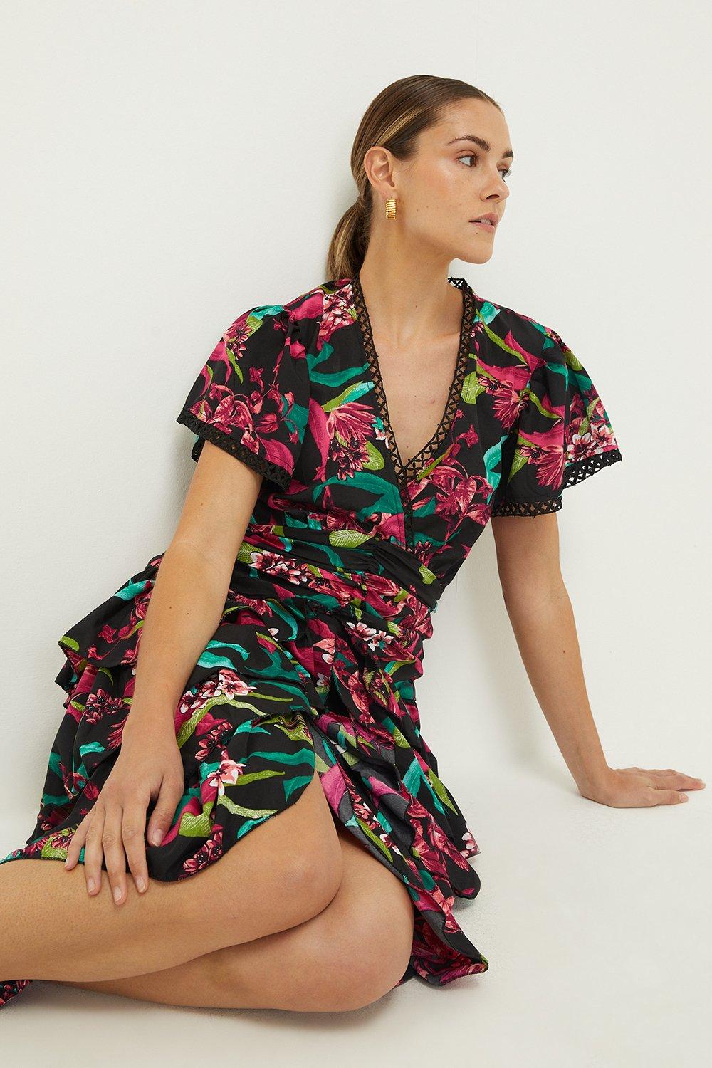 Womens Tropical Print Ruffle Midi Dress