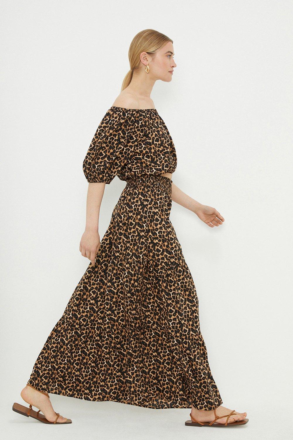 Womens Leopard Tiered Midi Skirt