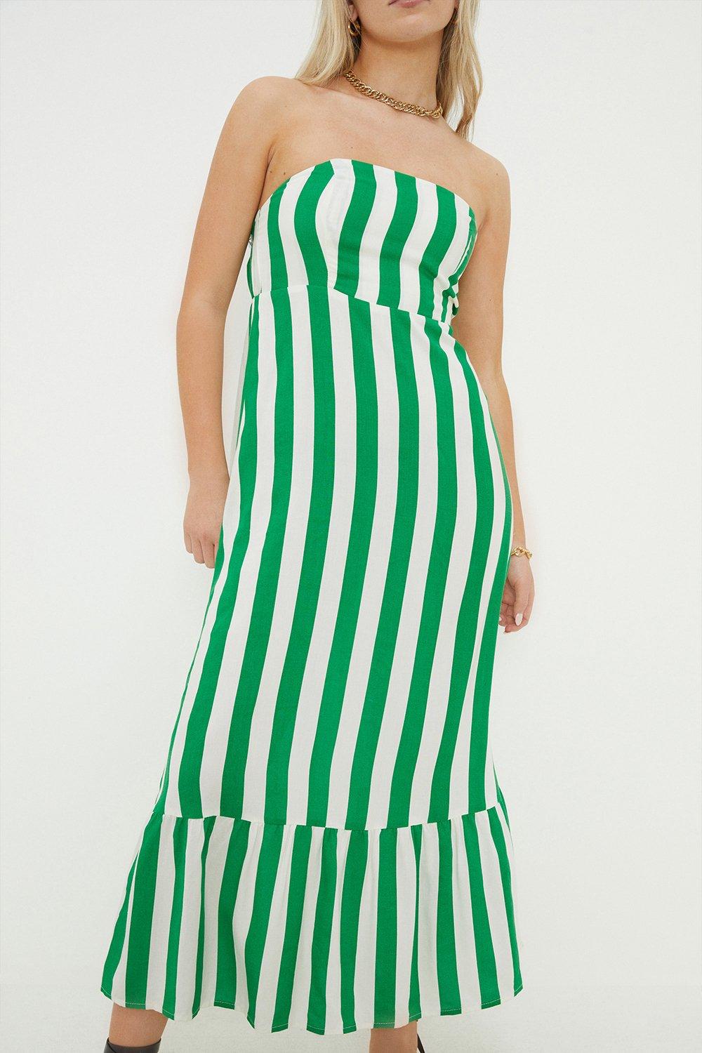 Womens Petite Green Stripe Bandeau Frill Hem Midi Dress
