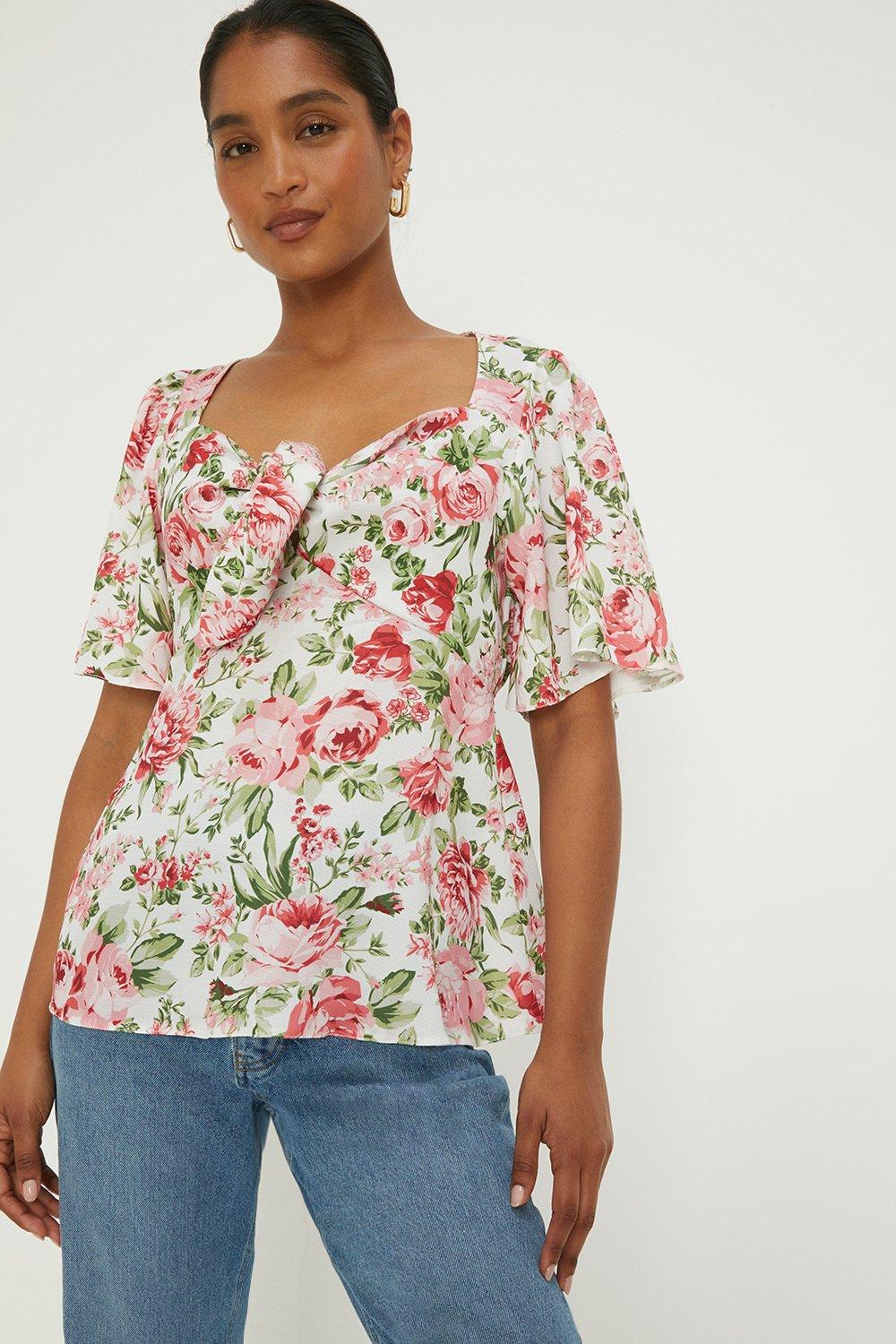 Womens Rose Printed Tie Front Blouse