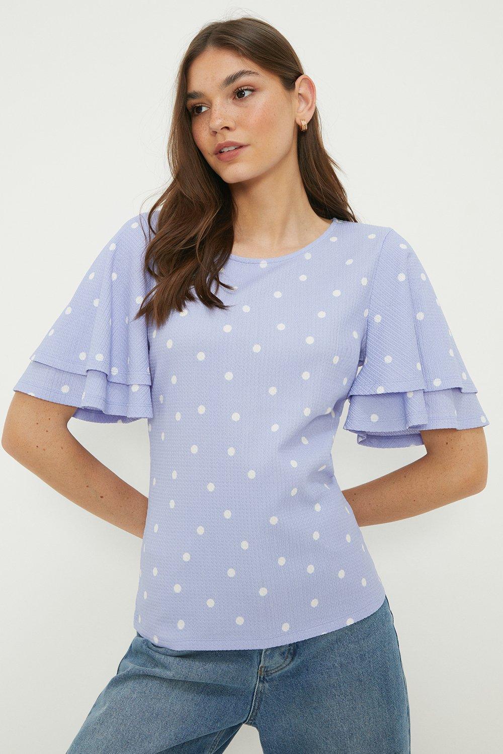 Womens Printed Double Frill Sleeve Top