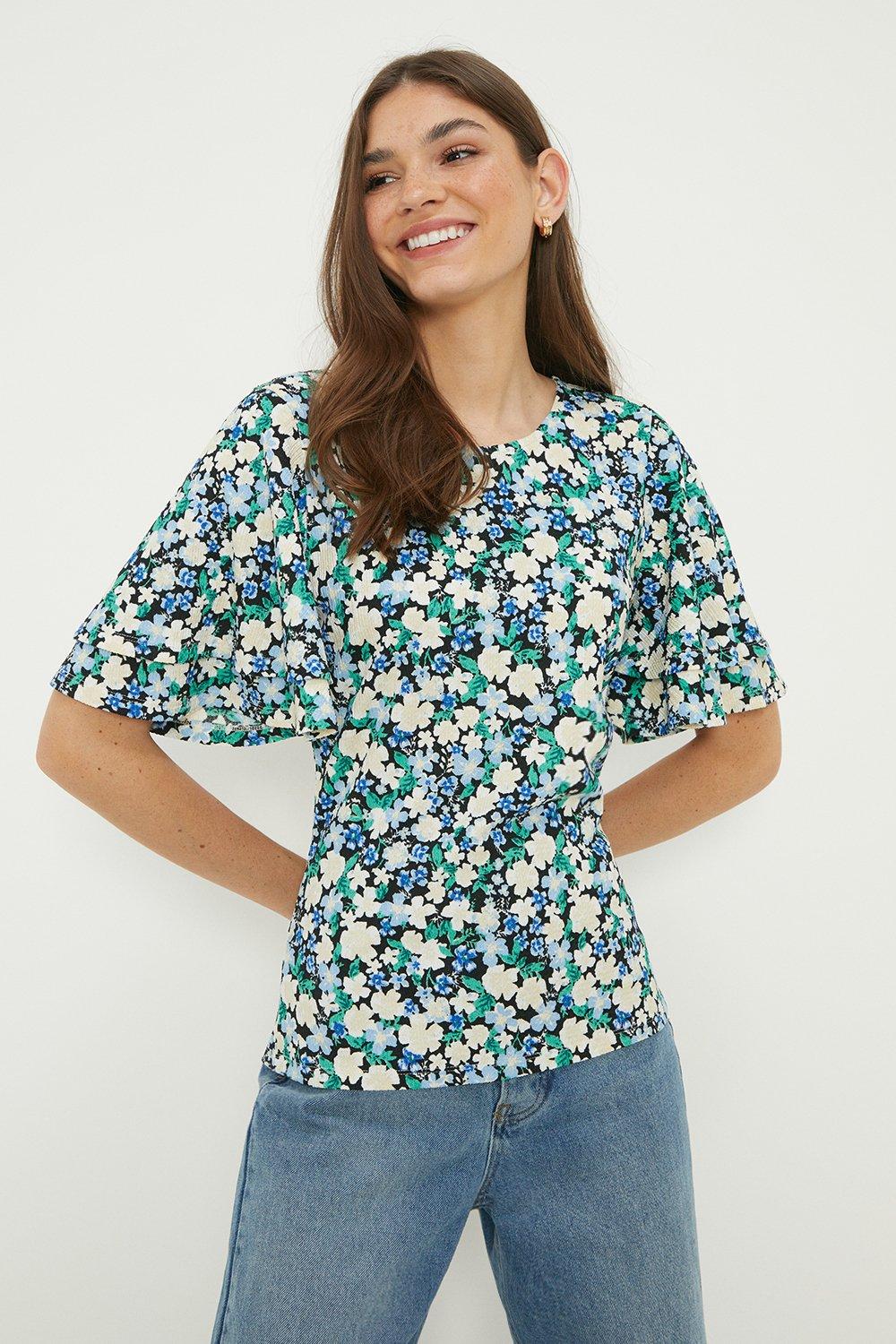 Womens Printed Double Frill Sleeve Top