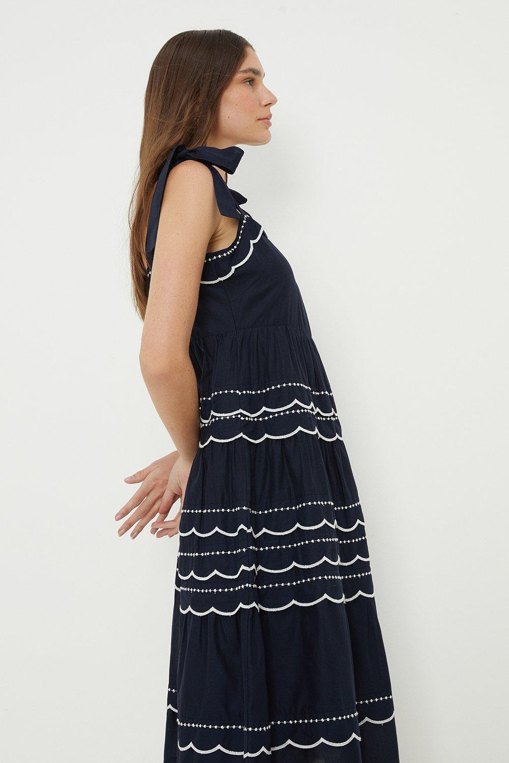 Womens Navy Embroidered Midi Dress