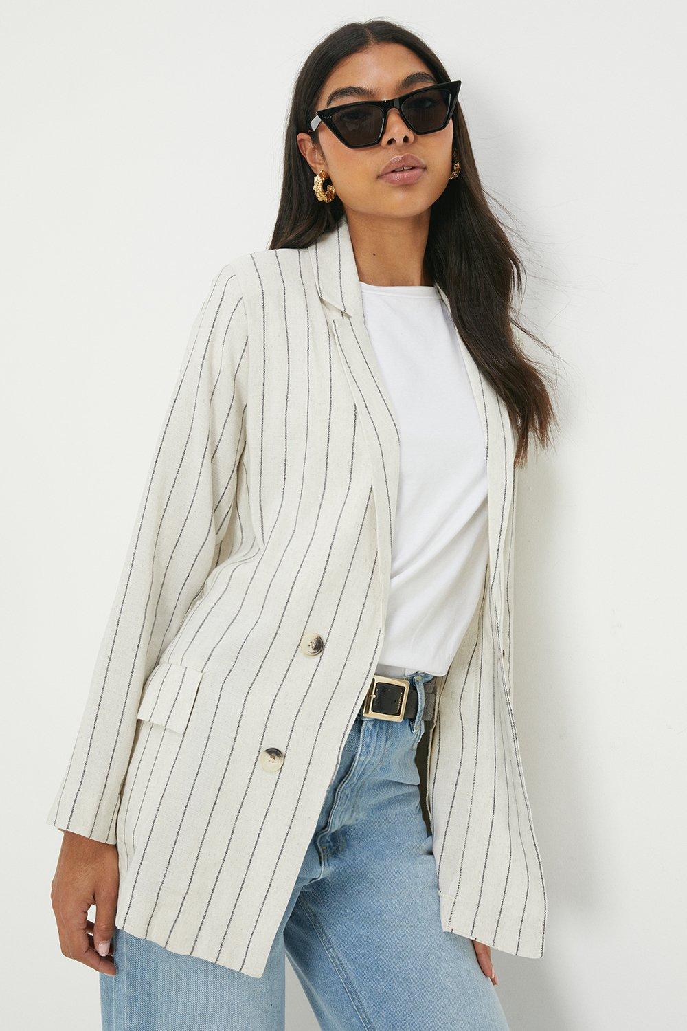 Womens Linen Blend Striped Blazer
