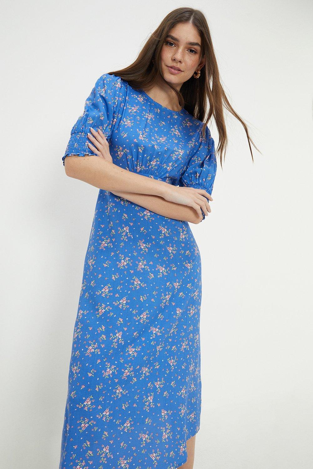 Womens Blue Ditsy Shirred Cuff Midi Dress