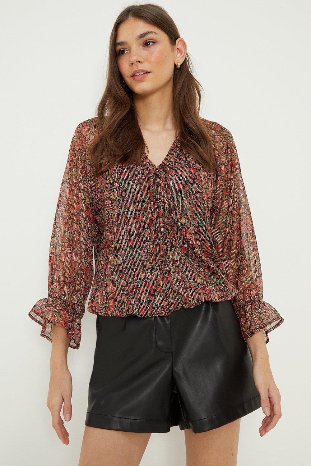 Womens Chiffon Ditsy Floral Shimmer Tie Front Blouse