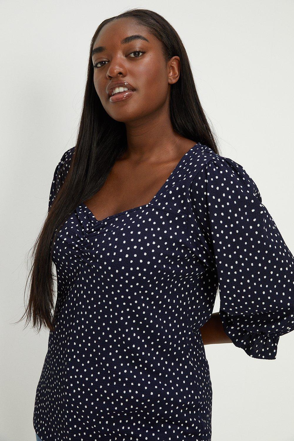 Womens Curve Navy Spot Ruched Front Long Sleeve
