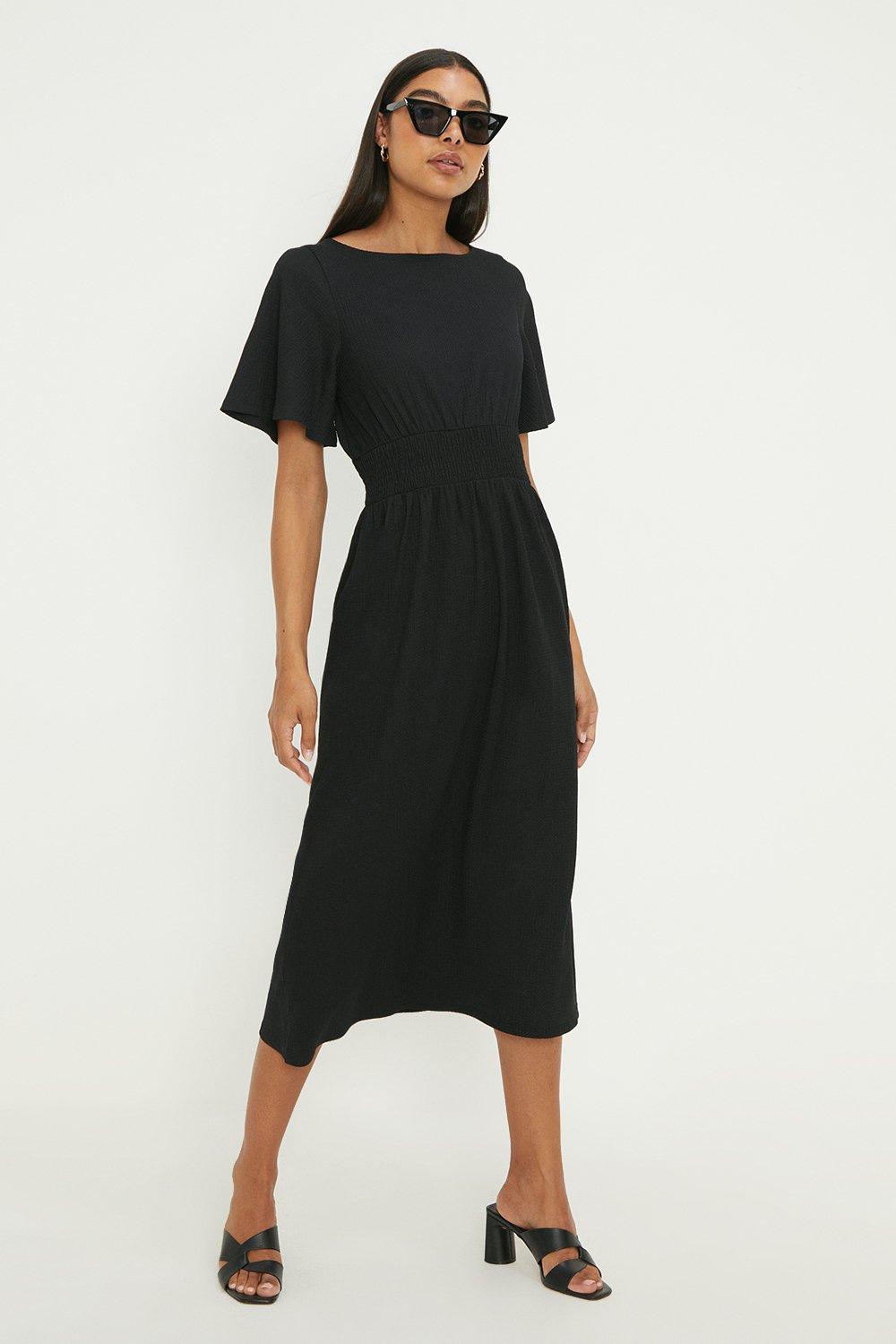 Womens Black Shirred Waist Short Sleeve Midi Dress