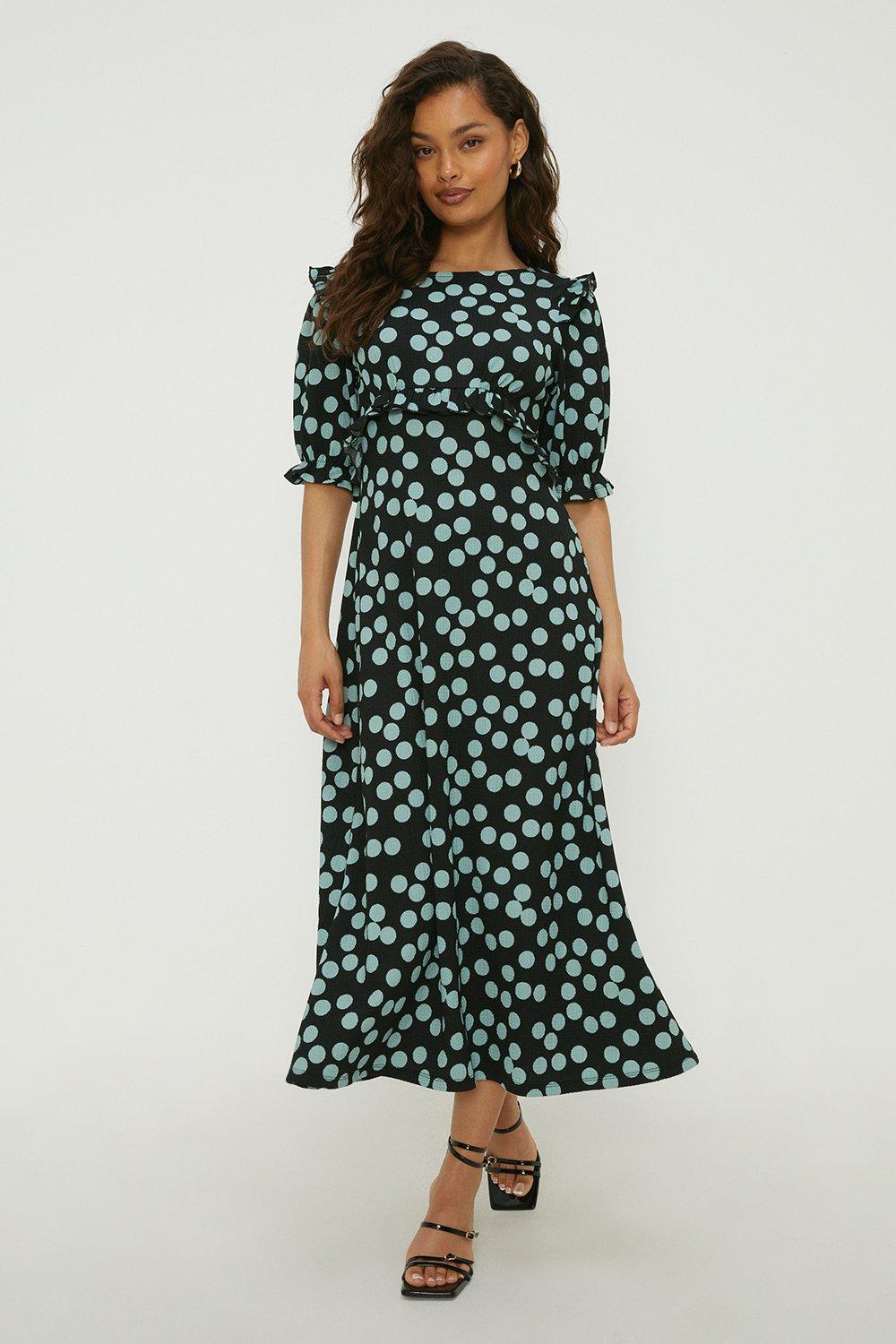 Womens Petite Spot Print Ruffle Shoulder Midi Dress