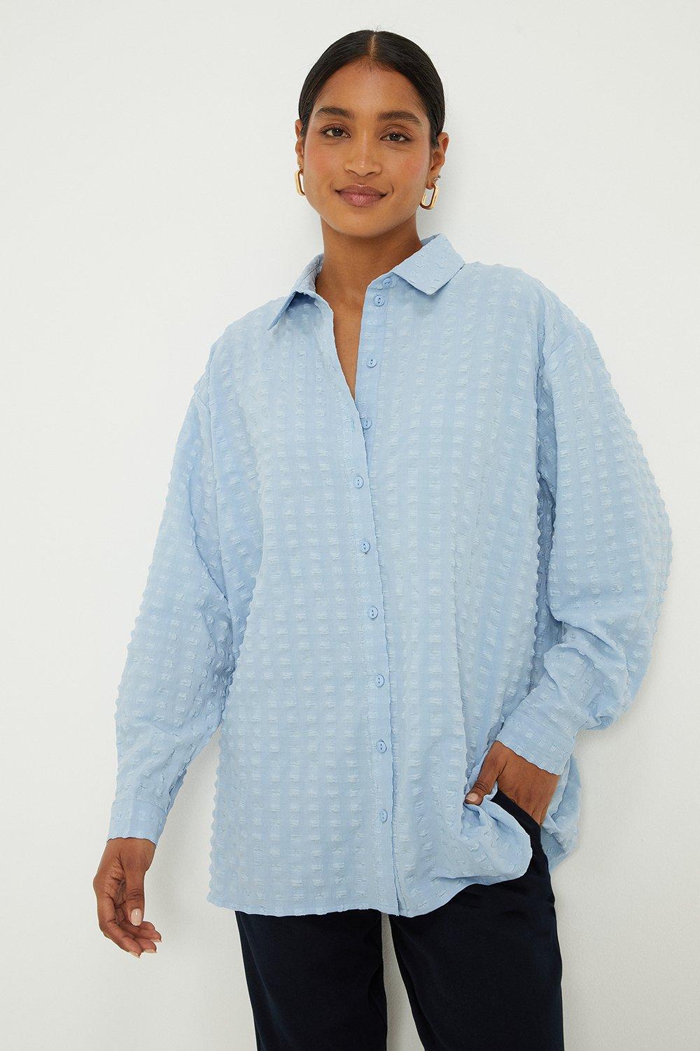 Womens Blue Gingham Textured Oversized Blouse