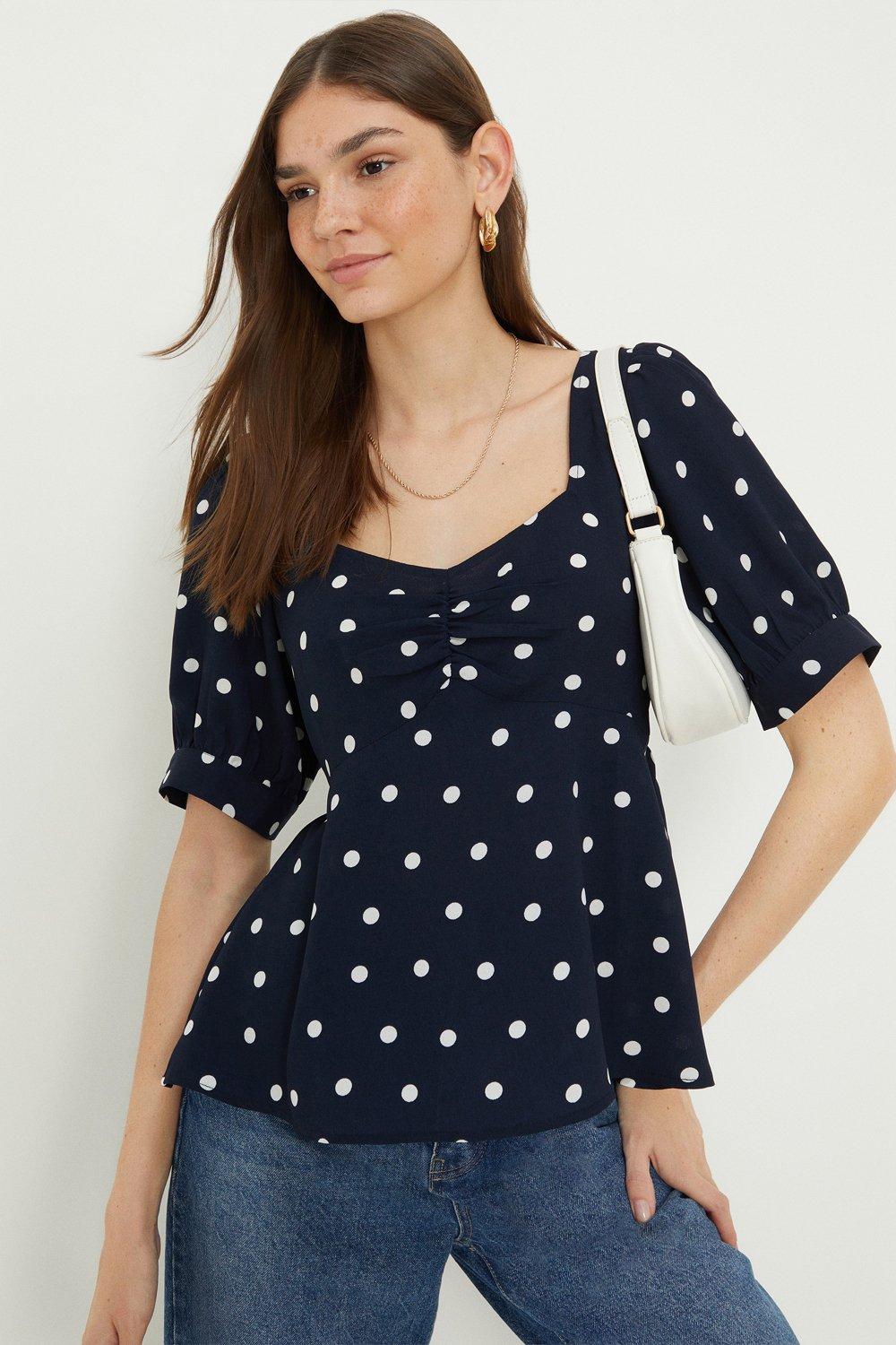 Womens Navy Spot Ruched Front Short Sleeve Top