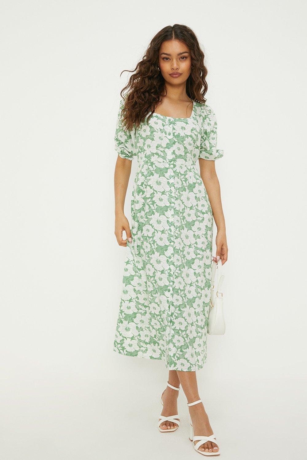 Womens Petite Green Floral Button Through Midi Dress