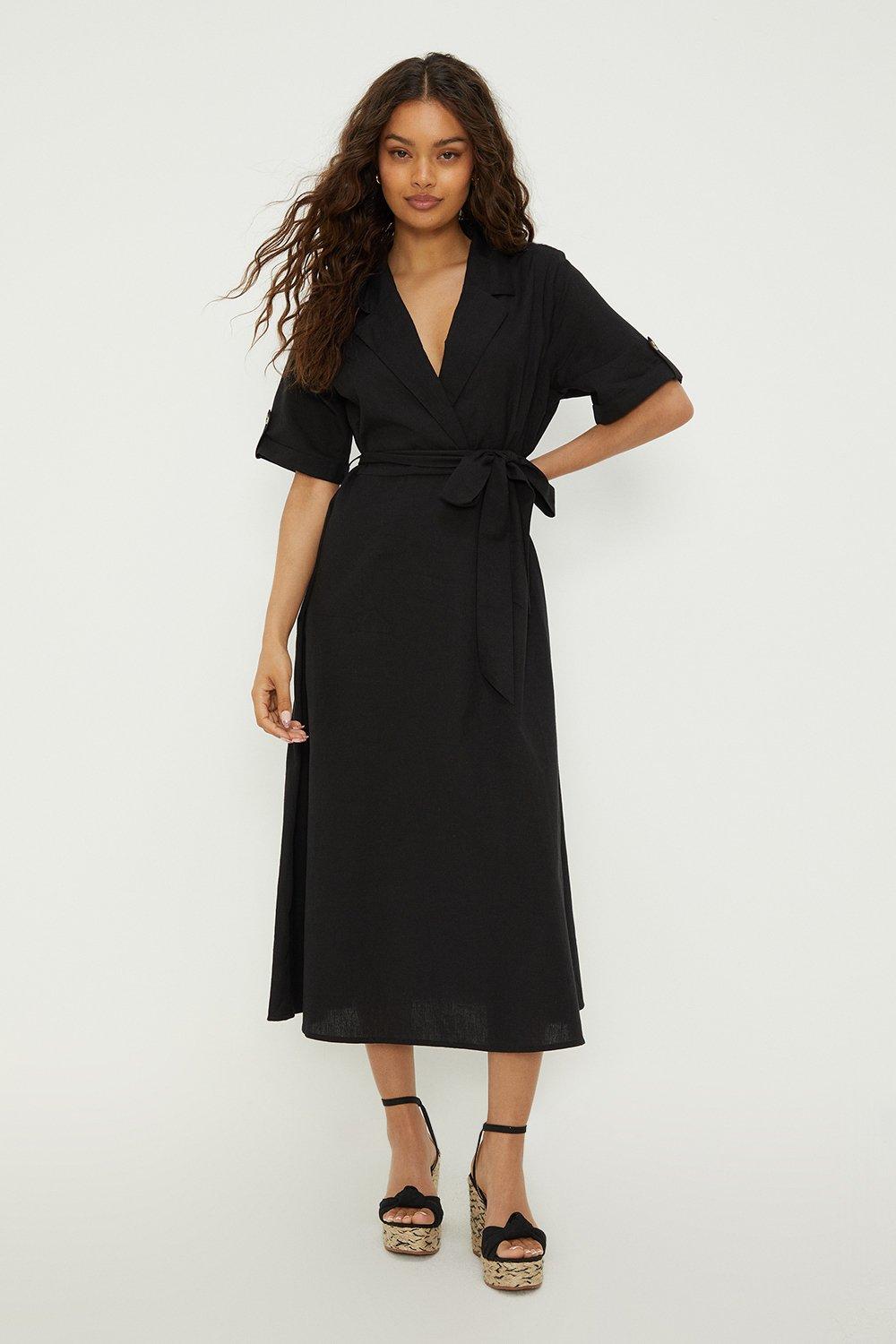 Womens Petite Black Wrap Midi Shirt Dress
