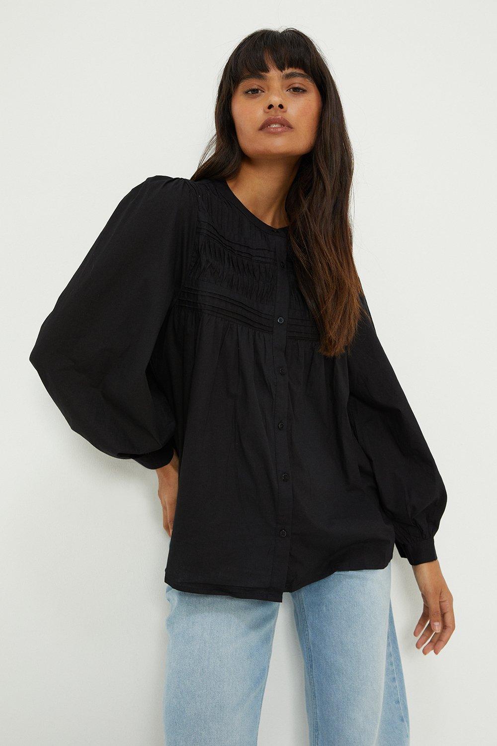 Womens Pleat Front Button Up Blouse