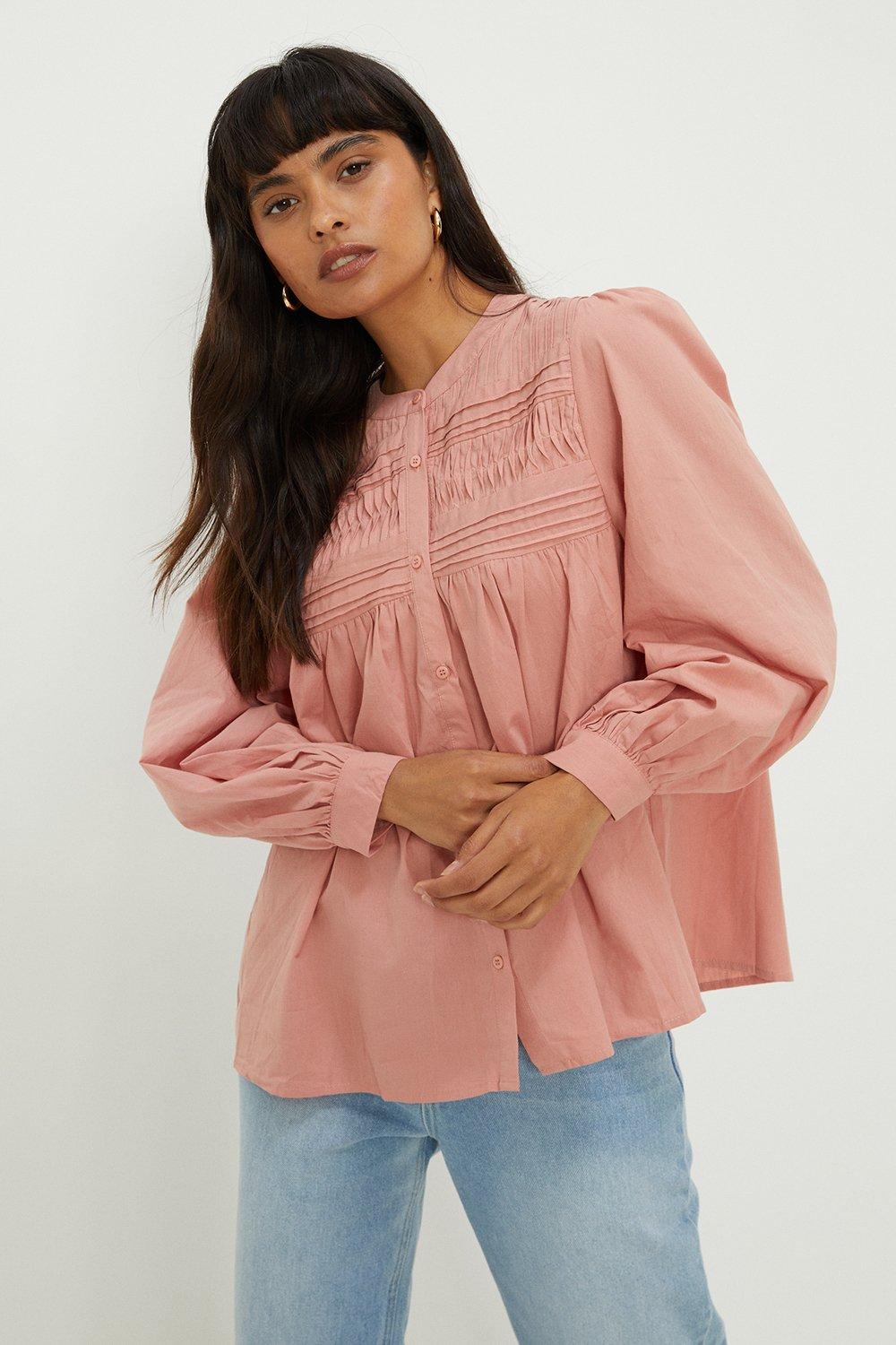 Womens Pleat Front Button Up Blouse