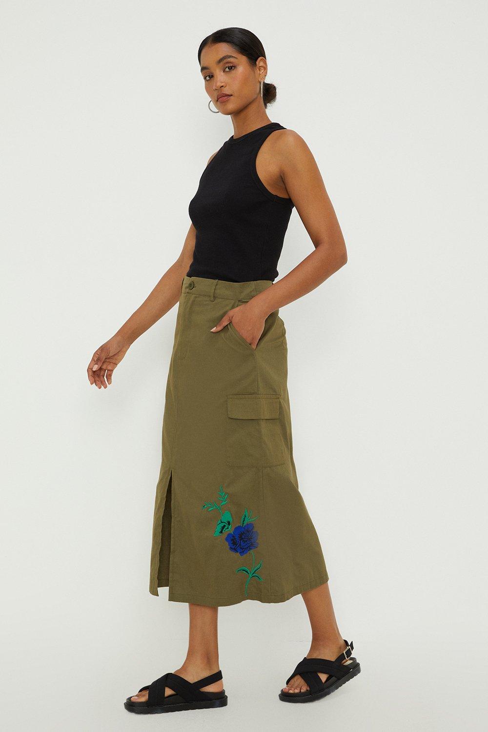 Womens Embroidered Utility Pocket Midi Skirt
