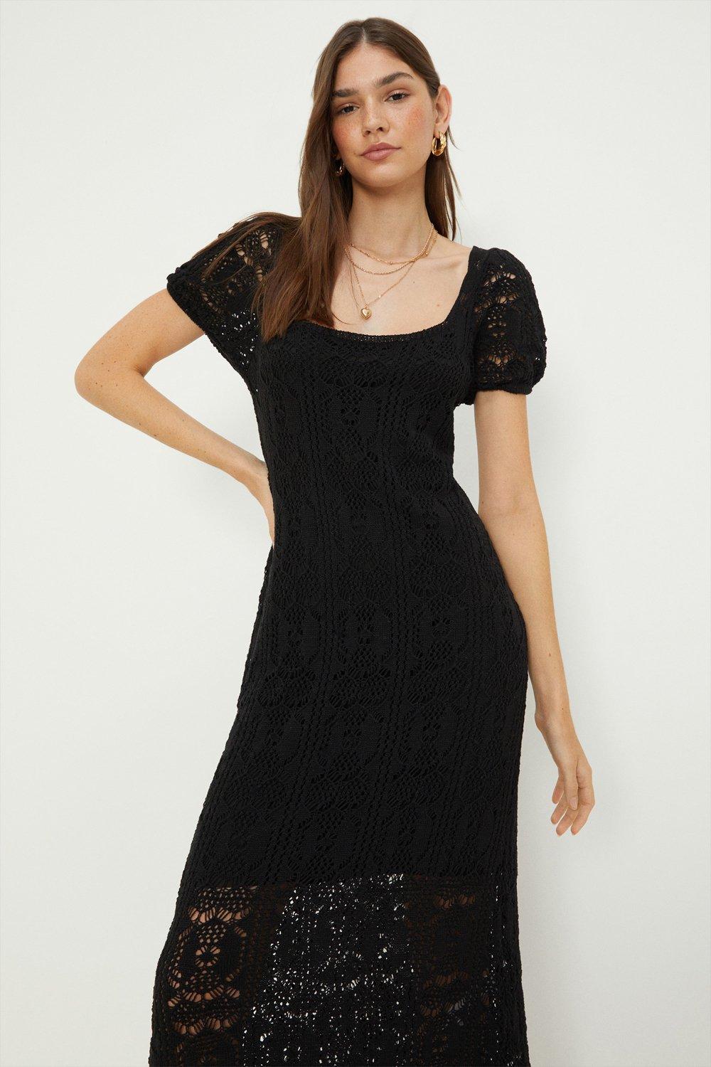 Womens Crochet Short Sleeve Midi Dress