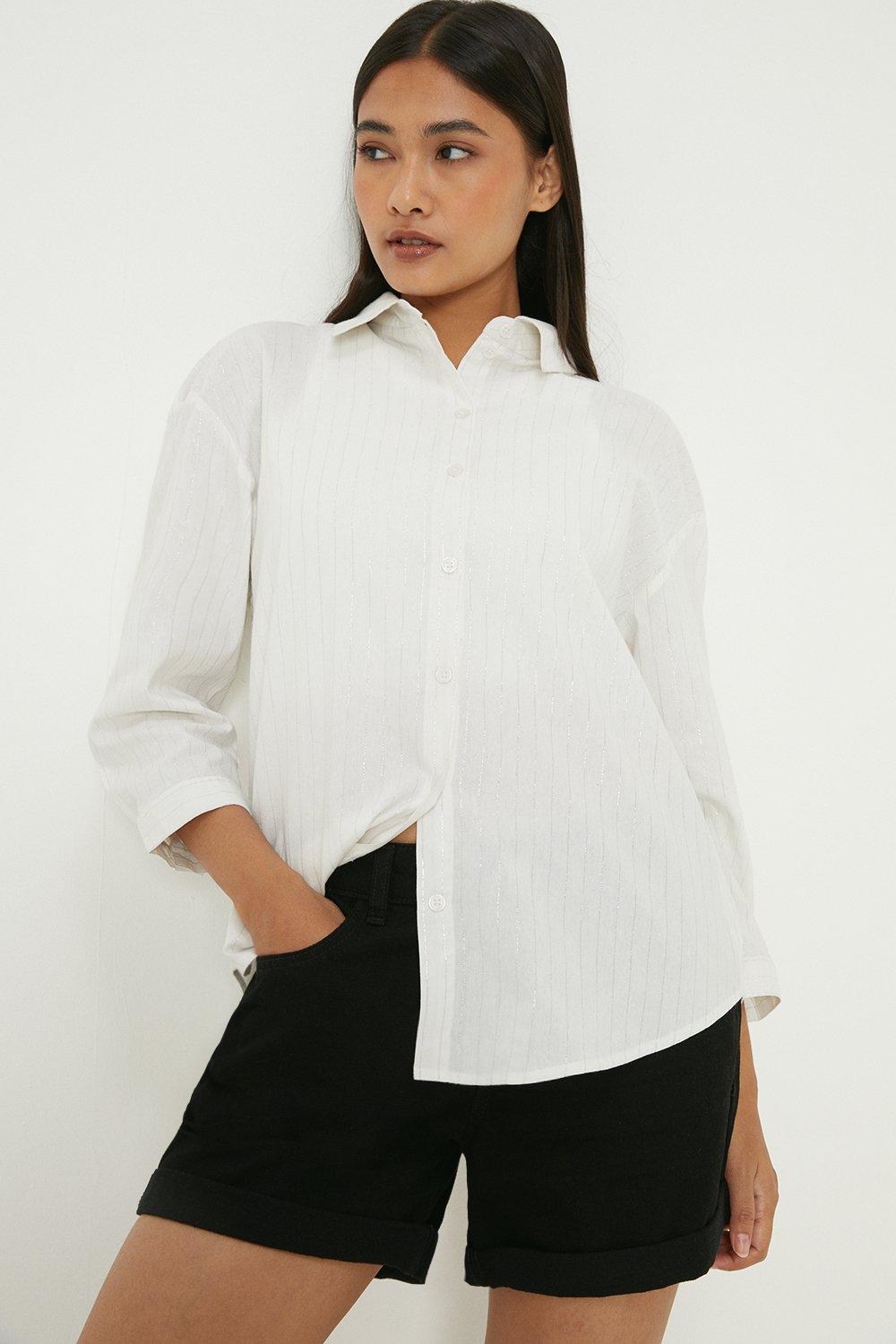 Womens Petite Foil Stripe Longline Oversized Shirt