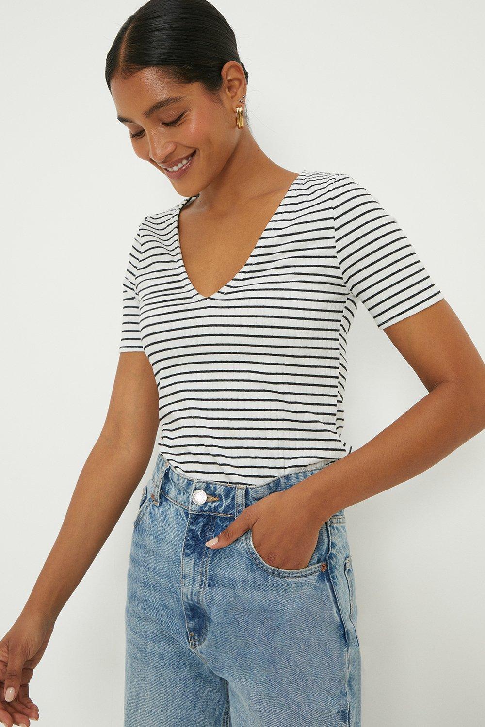 Womens V Neck Stripe Fitted Top