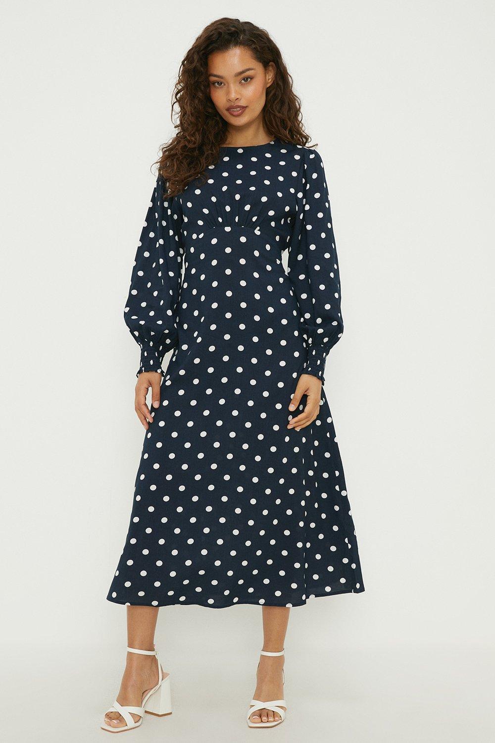 Womens Petite Navy Spot Shirred Cuff Midi Dress