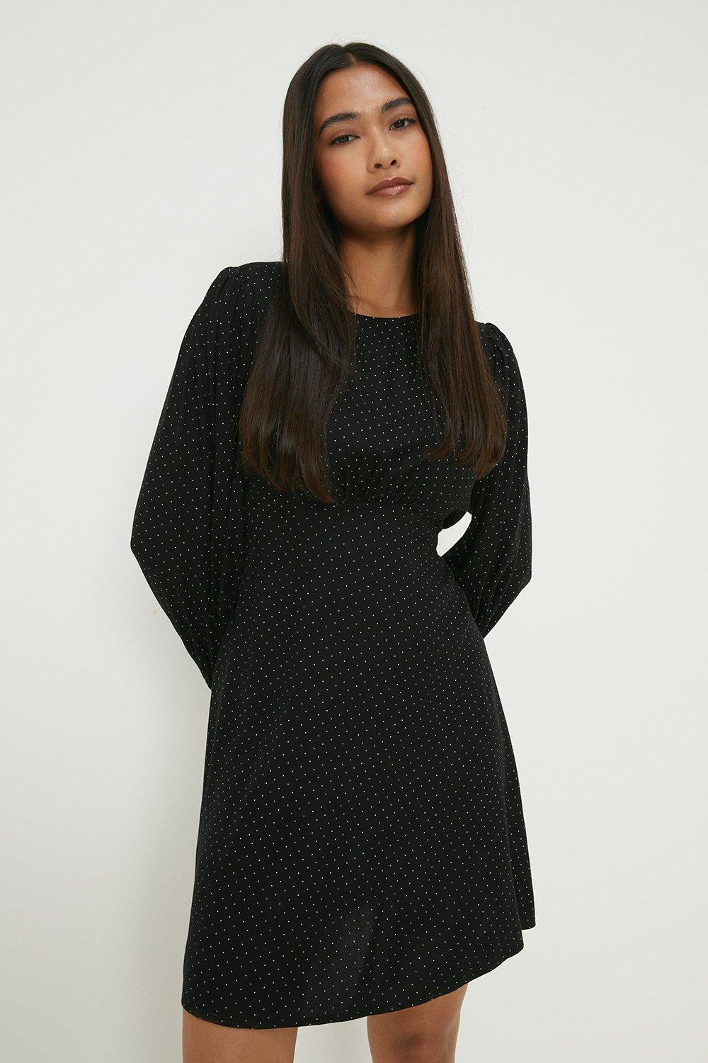Womens Petite Black Spot Shirred Cuff Mini Dress
