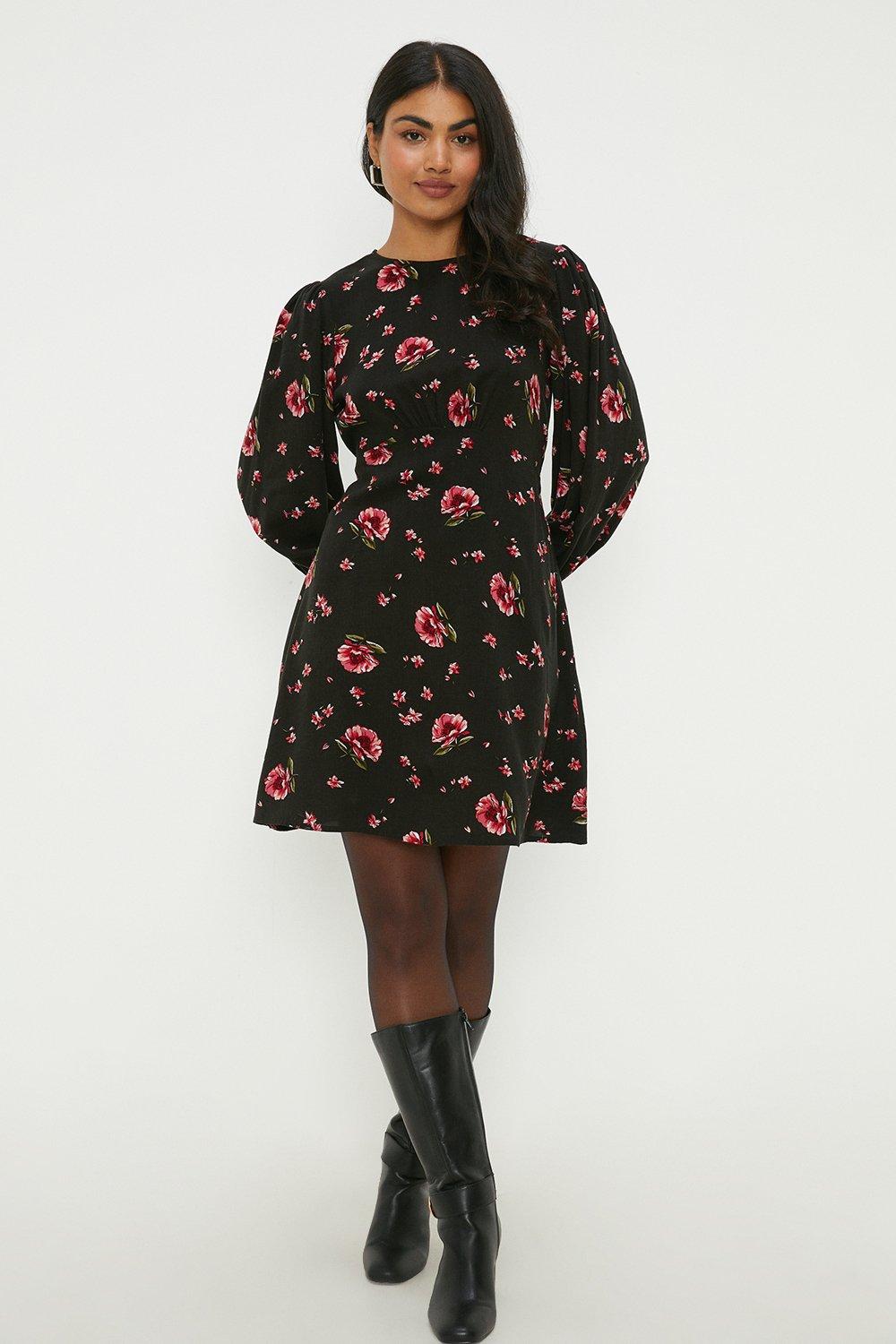 Womens Black Floral Shirred Cuff Mini Dress