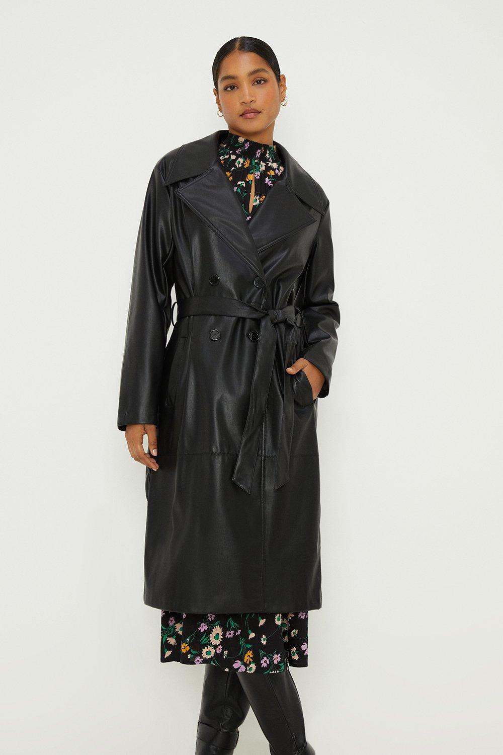 Womens Faux Leather Longline Trench Coat