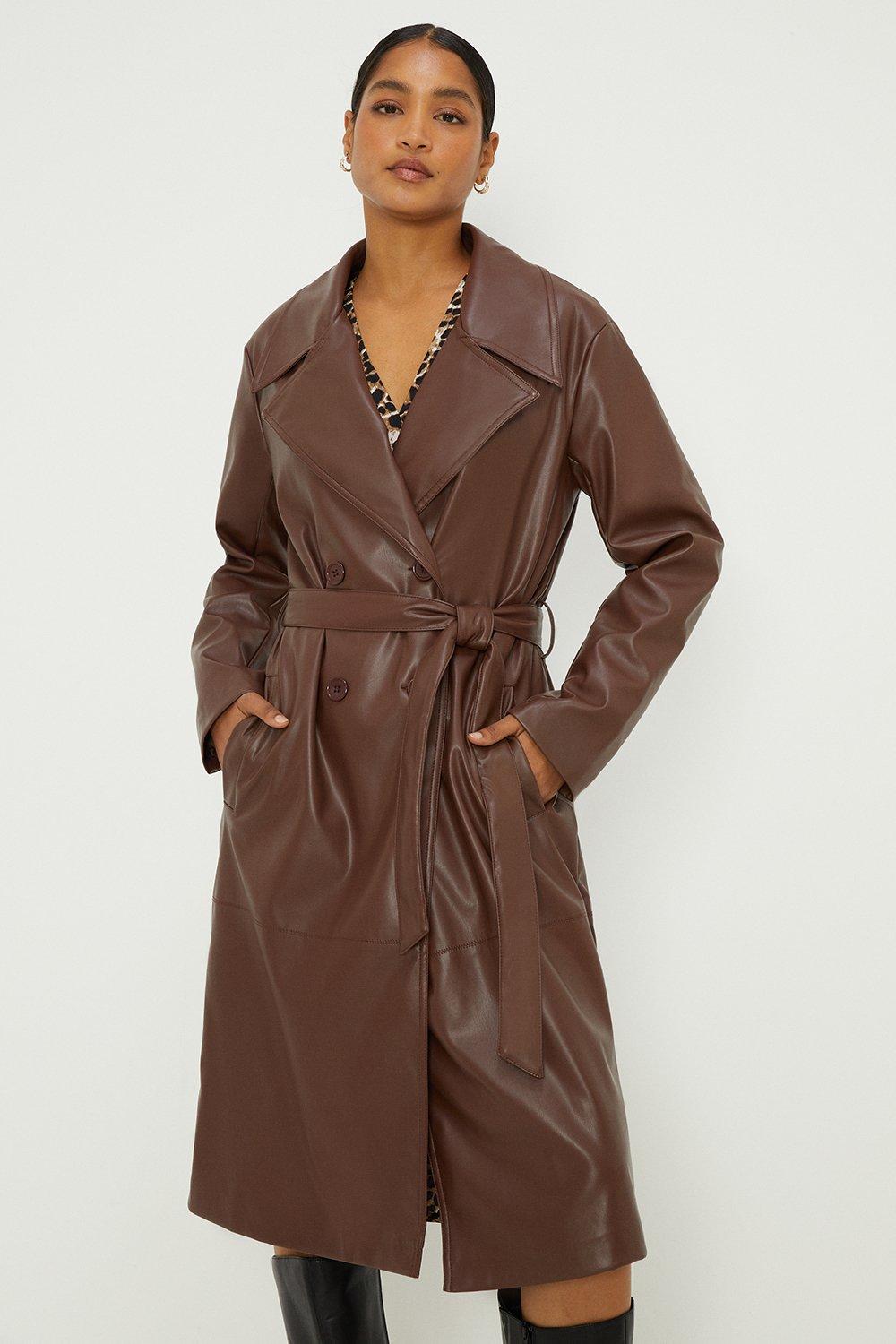 Womens Faux Leather Longline Trench Coat