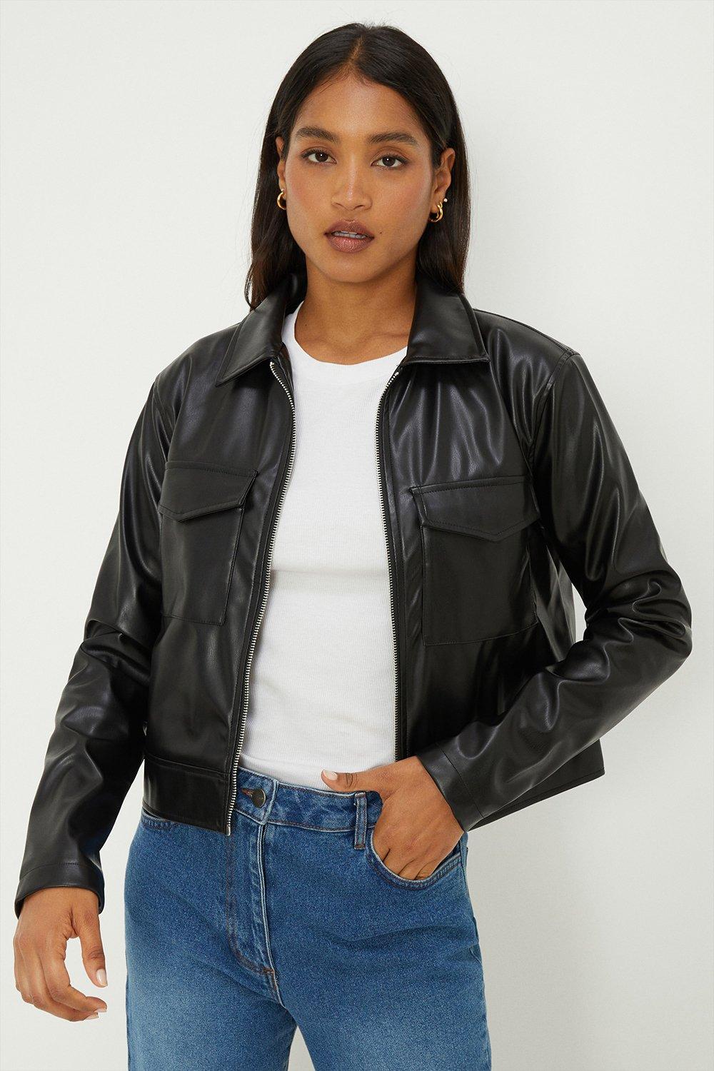 Womens Faux Leather Boxy Jacket