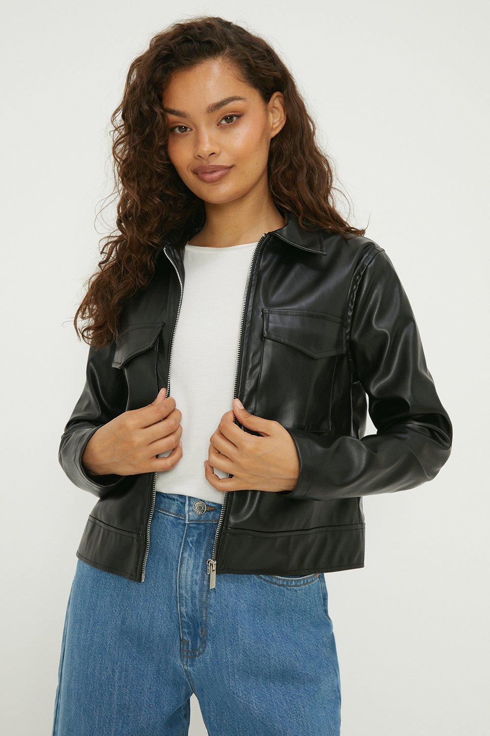 Womens Petite Faux Leather Boxy Jacket