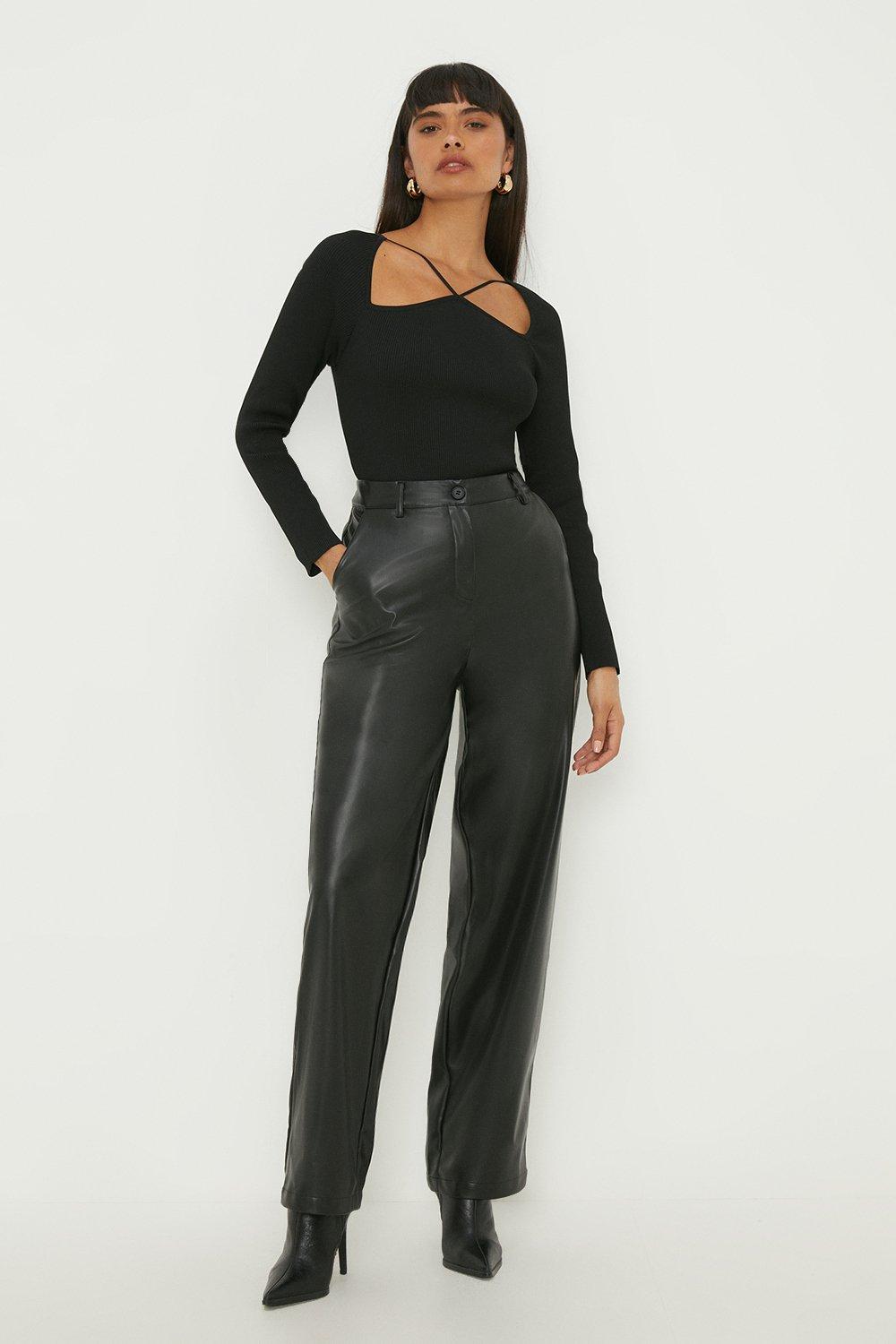 Womens Faux Leather Straight Leg Trouser