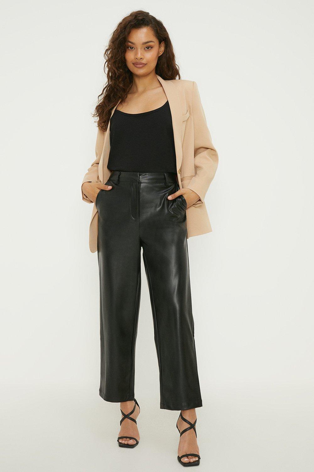 Womens Petite Faux Leather Ankle Grazer Trouser