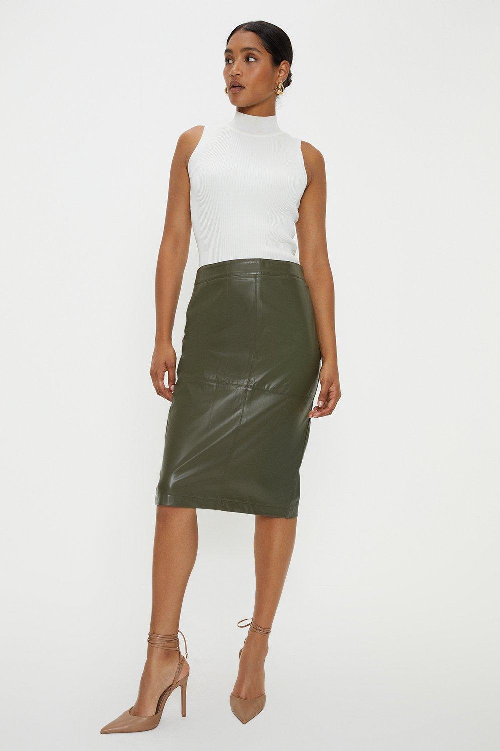 Womens Faux Leather Seam Detail Midi Skirt