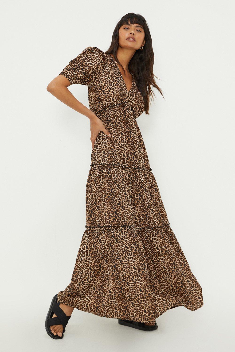 Womens Leopard V Neck Tiered Maxi Dress
