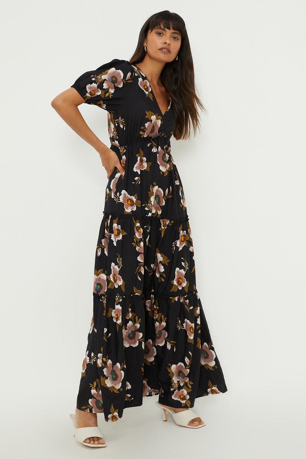 Womens Floral V Neck Tiered Maxi Dress