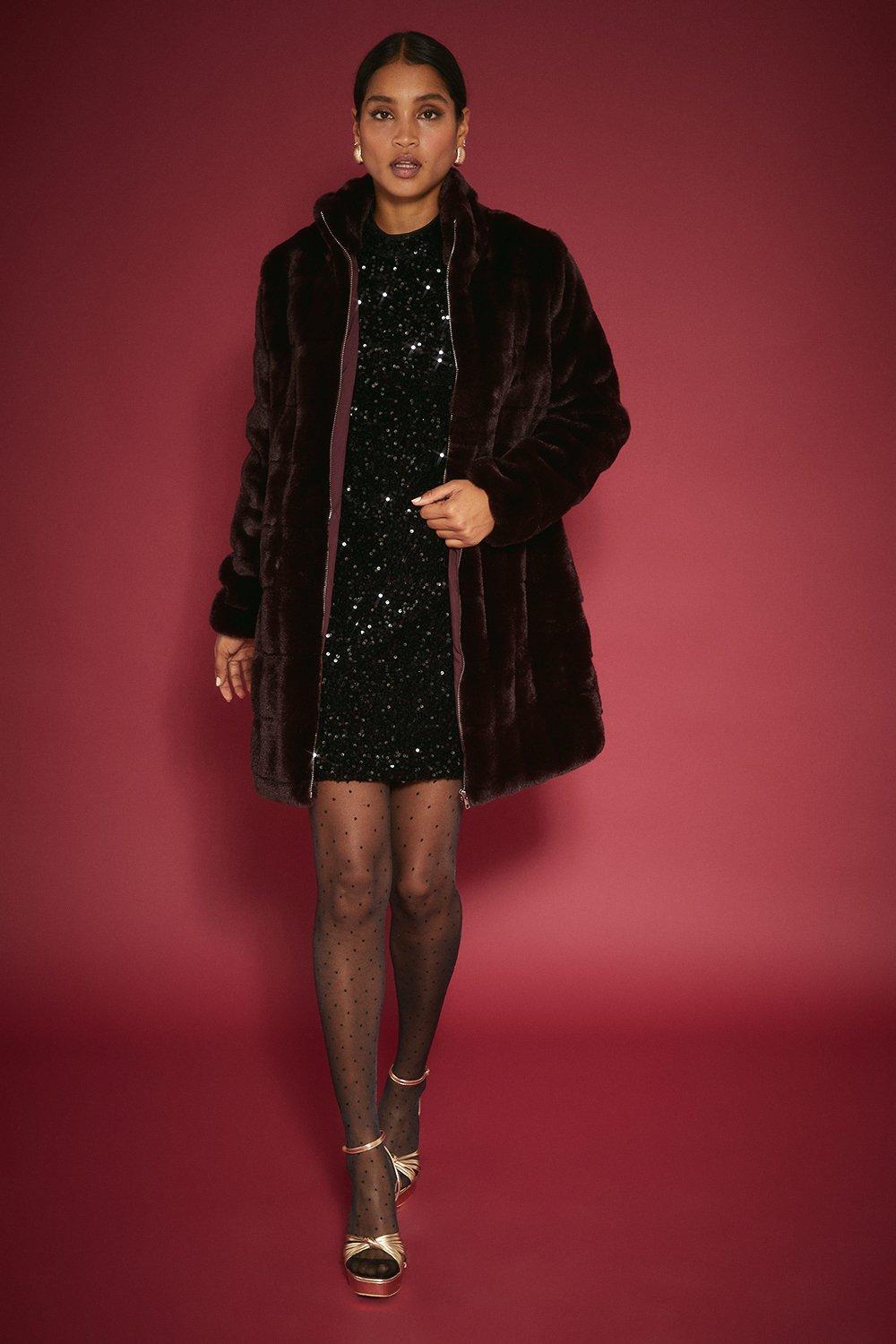 Womens Longline Zip Through Faux Fur Coat