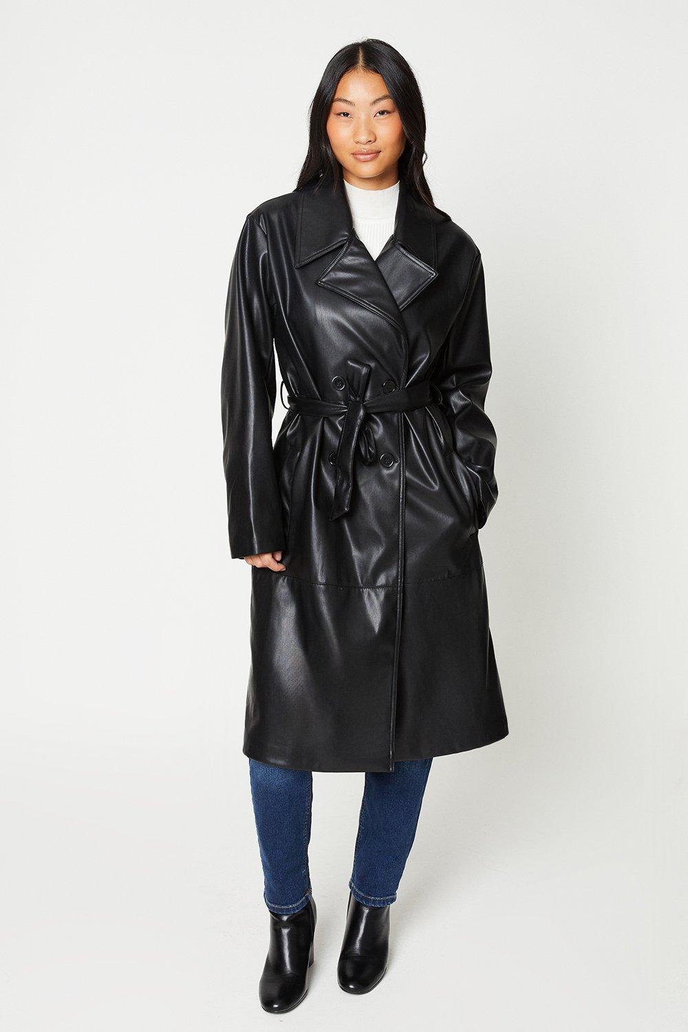 Womens Petite Faux Leather Longline Trench Coat