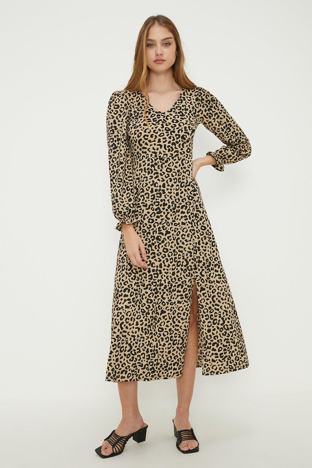 Womens Leopard Print Long Sleeve Midi Dress