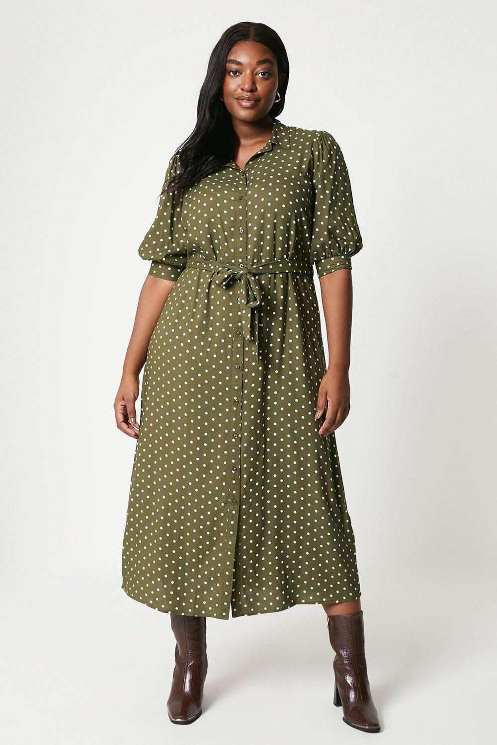 Womens Curve Green Spot Half Sleeve Shirt Dress