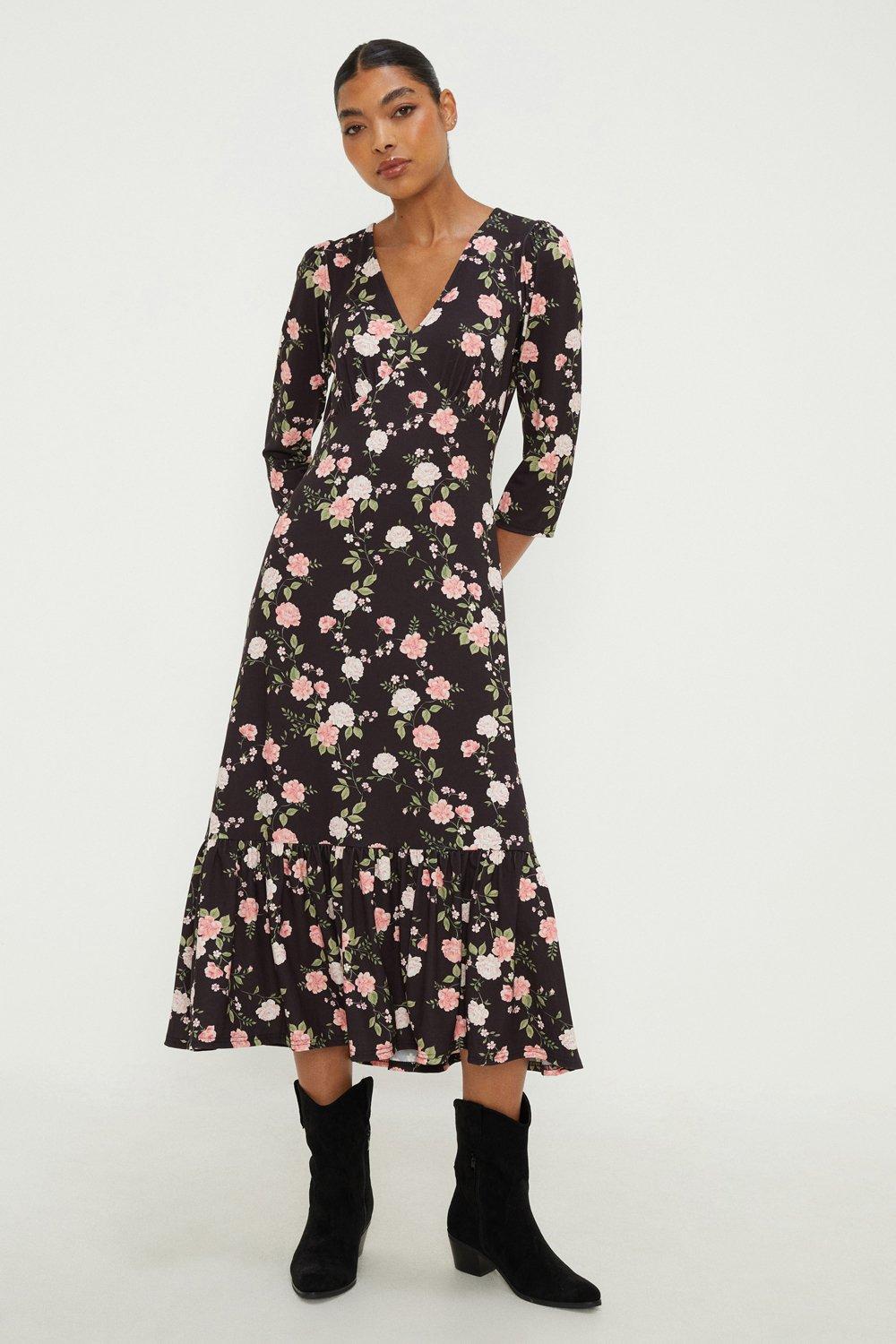 Womens Floral V Neck Tiered Midi Dress