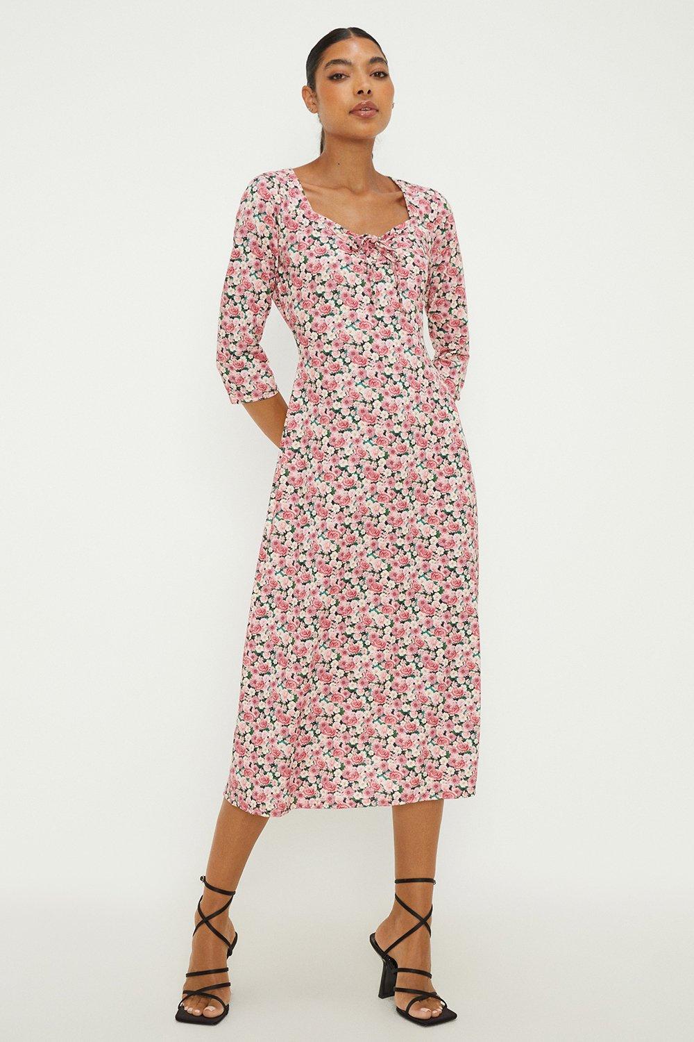 Womens Pink Floral Sweetheart Tie Front Midi Dress
