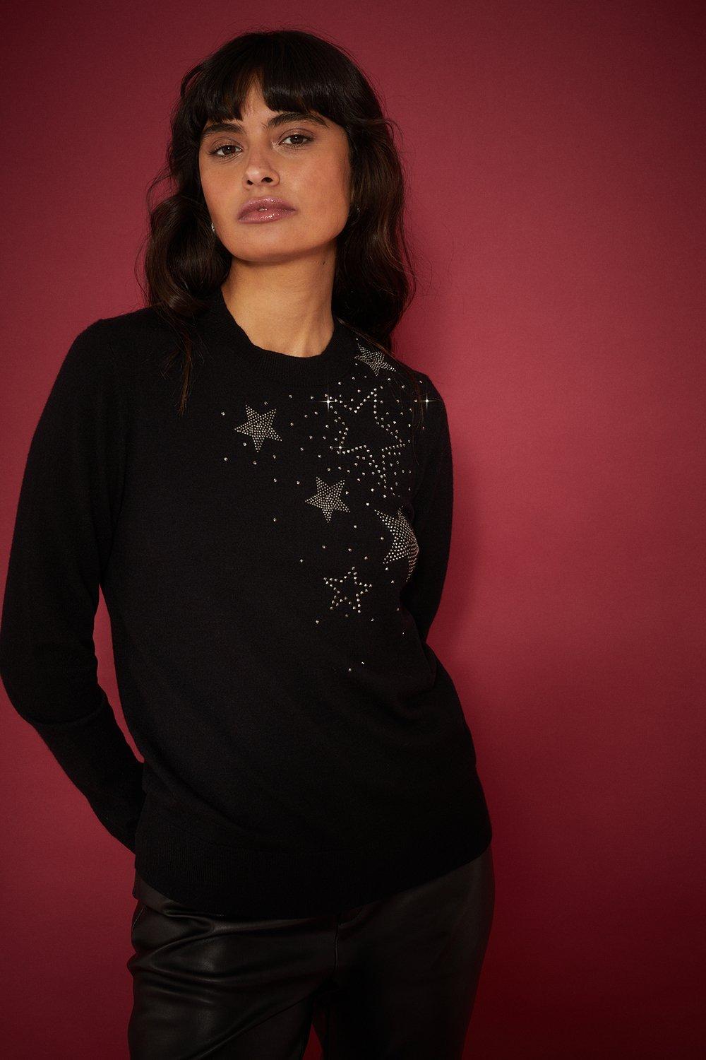 Womens Embellished Star Knitted Jumper