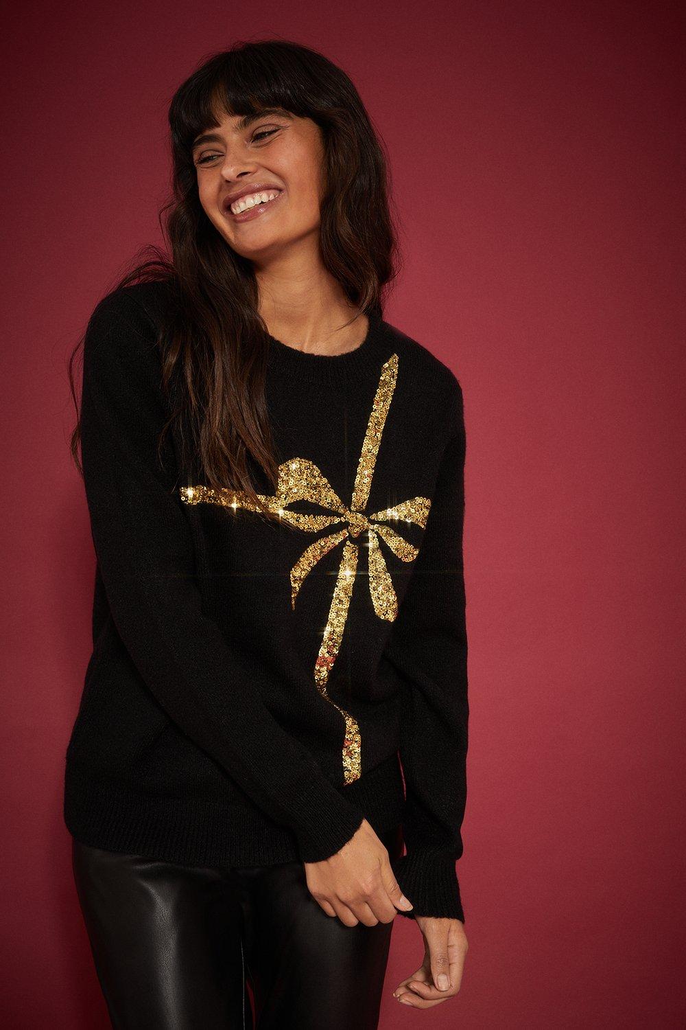 Womens Sequin Bow Christmas Jumper