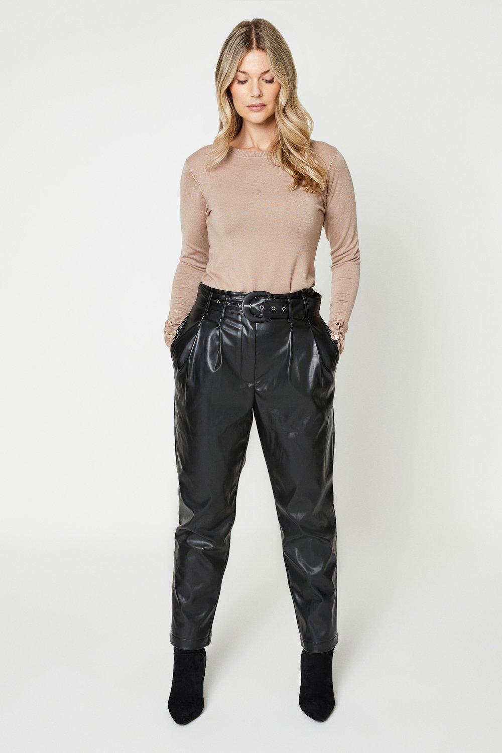Womens Faux Leather Belted Slim Leg Trouser