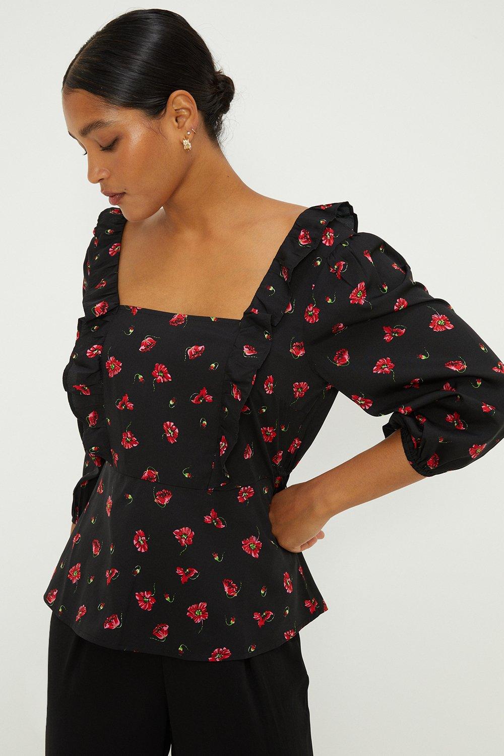 Womens Red Floral Ruffle Front Long Sleeve Blouse