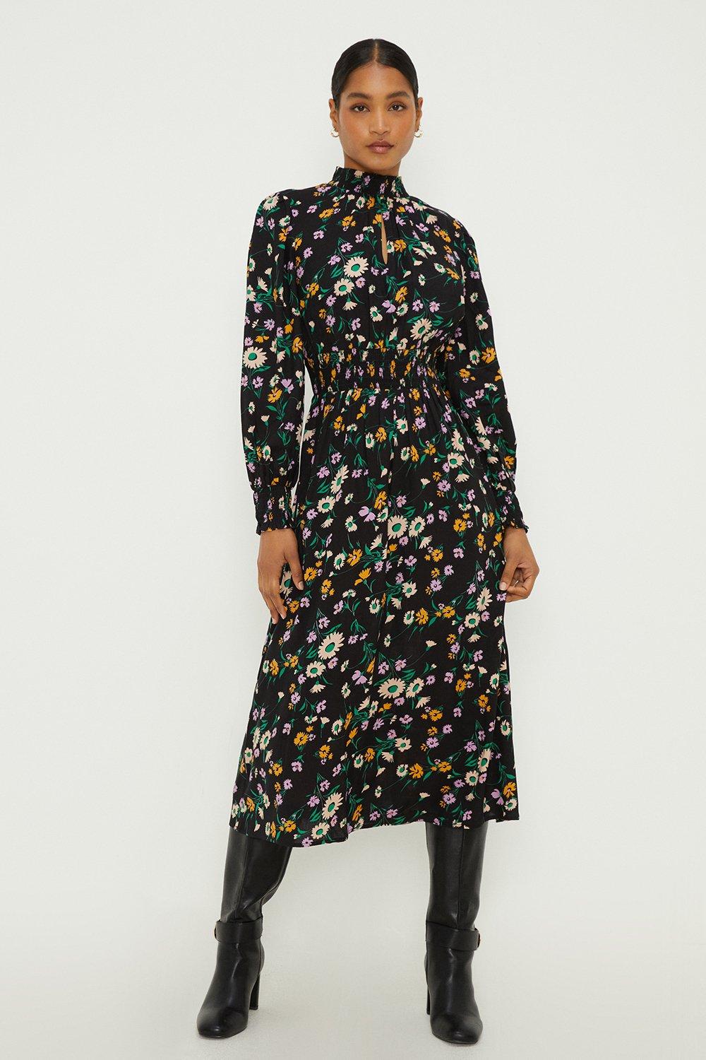 Womens Floral Keyhole Shirred Waist Long Sleeve Midi Dress