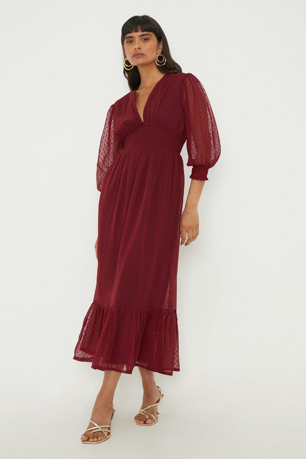 Womens Berry Dobby Chiffon Shirred Waist Midi Dress