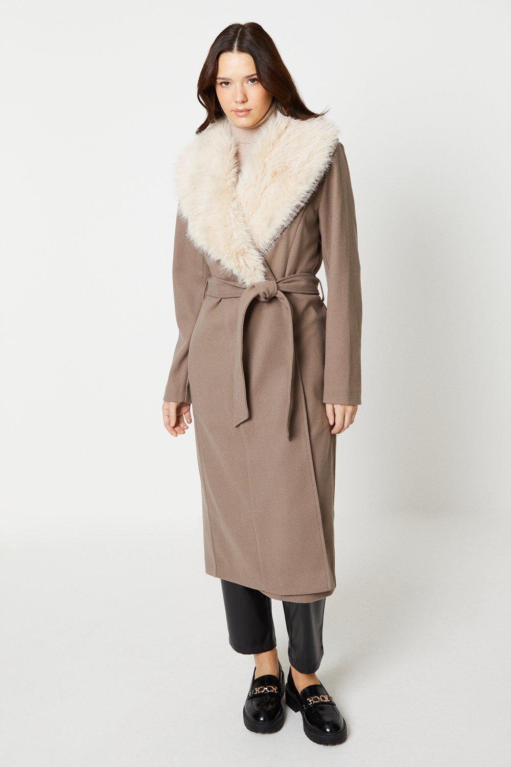 Womens Faux Fur Trim Longline Wrap Coat