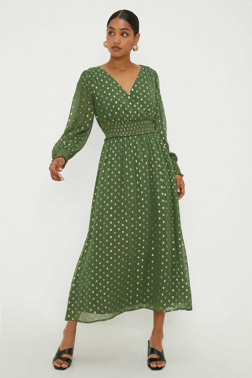 Womens Green Shimmer Chiffon Shirred Waist Midi Dress